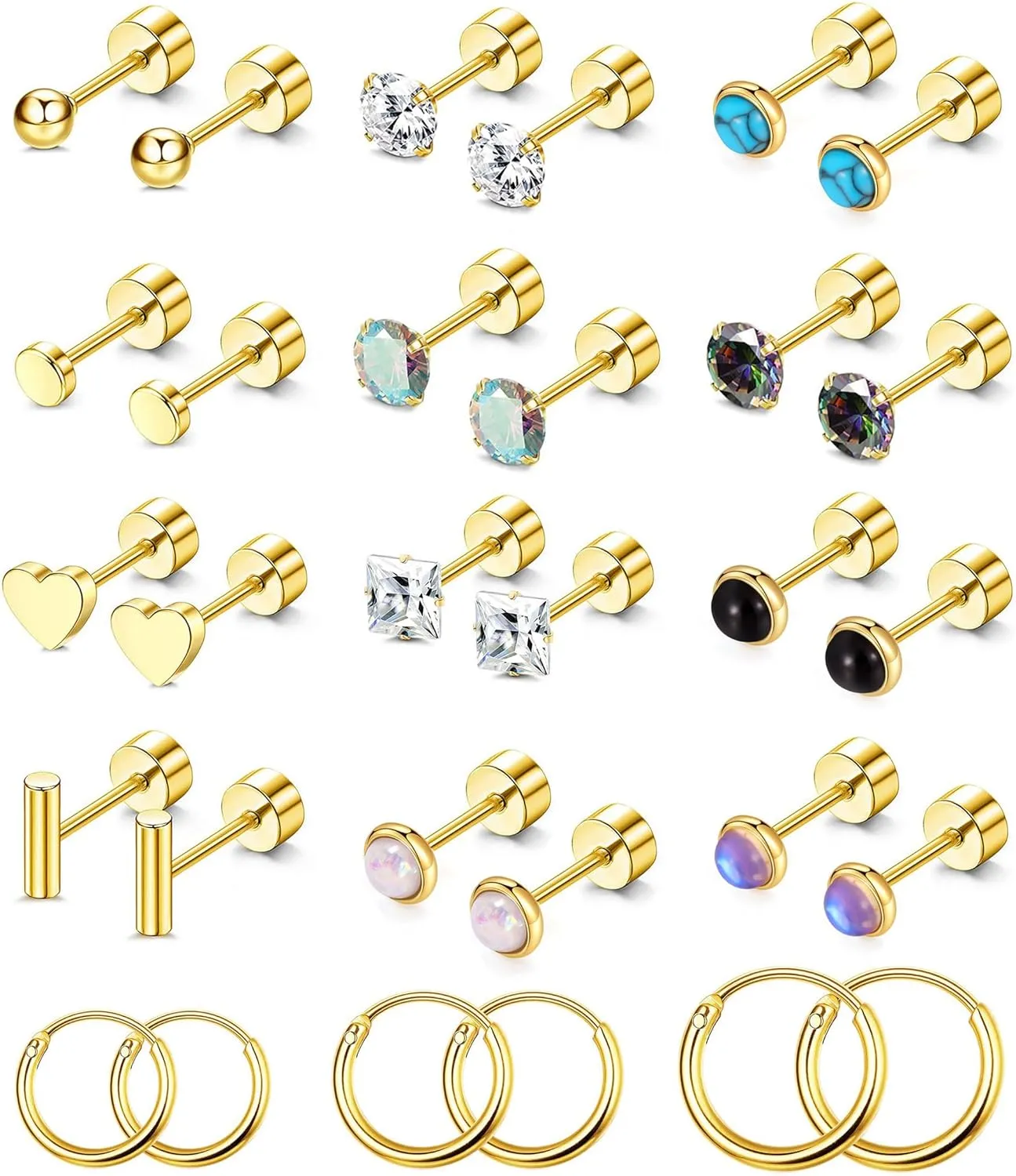 PLOMFOV Flat Back Earrings Gold Earrings for Women Men Stainless Steel Earrings Set CZ Heart Opal Surgical Steel Earrings Gold Studs 20G Cartilage Hoop Earrings Hypoallergenic for Sensitive Ears