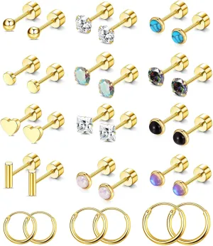 PLOMFOV Flat Back Earrings Gold Earrings for Women Men Stainless Steel Earrings Set CZ Heart Opal Surgical Steel Earrings Gold Studs 20G Cartilage Hoop Earrings Hypoallergenic for Sensitive Ears