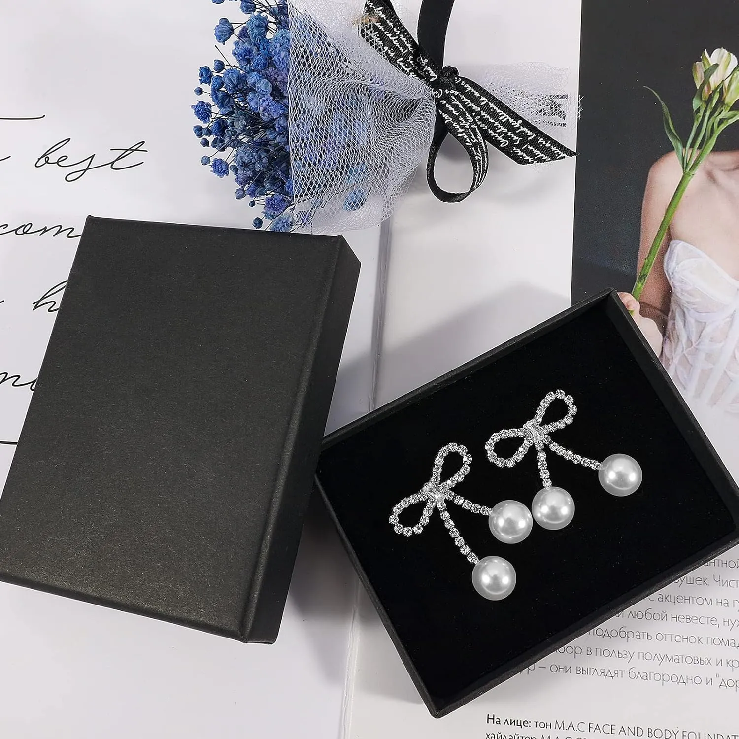 PLwelth Bow Earrings Pearl Drop Earrings for Women Cute Rhinestone Dangle Long Tassel Earrings Gifts for Her Christmas