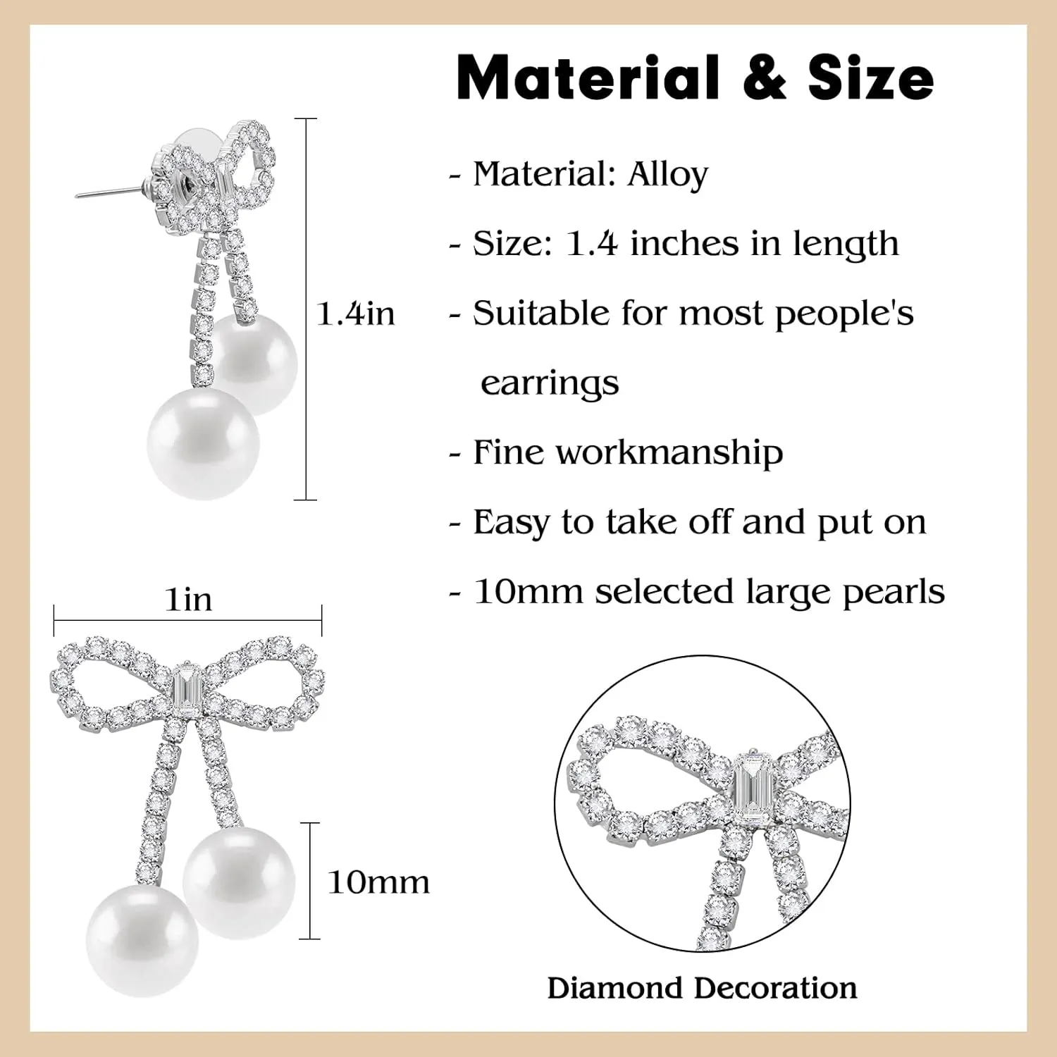 PLwelth Bow Earrings Pearl Drop Earrings for Women Cute Rhinestone Dangle Long Tassel Earrings Gifts for Her Christmas