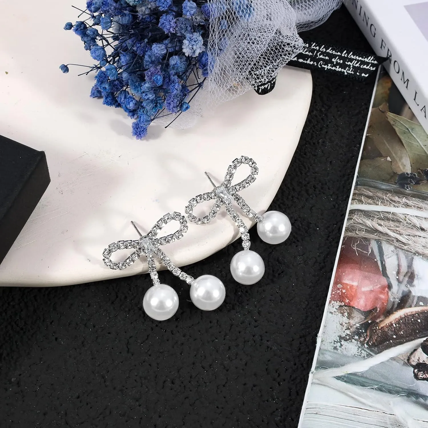 PLwelth Bow Earrings Pearl Drop Earrings for Women Cute Rhinestone Dangle Long Tassel Earrings Gifts for Her Christmas