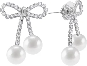 PLwelth Bow Earrings Pearl Drop Earrings for Women Cute Rhinestone Dangle Long Tassel Earrings Gifts for Her Christmas
