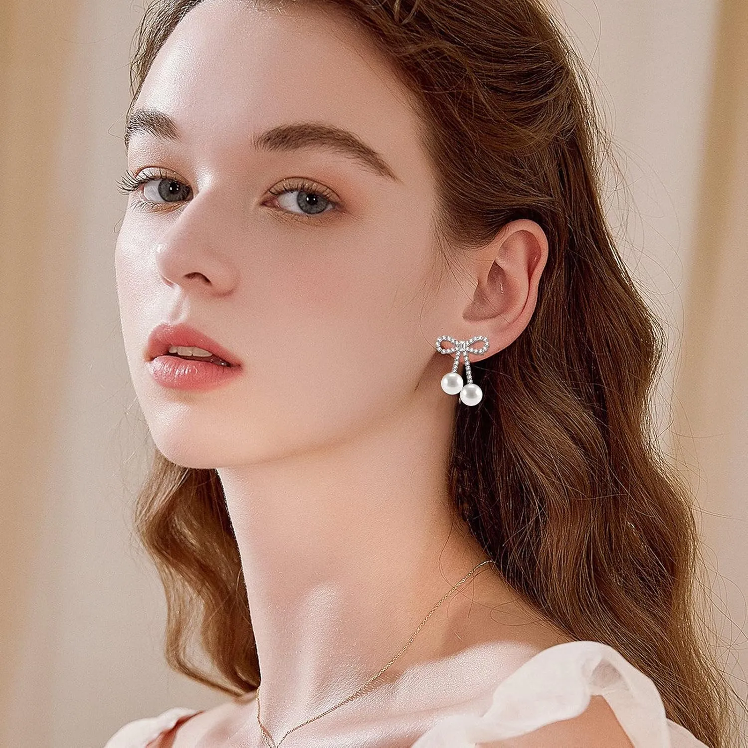 PLwelth Bow Earrings Pearl Drop Earrings for Women Cute Rhinestone Dangle Long Tassel Earrings Gifts for Her Christmas