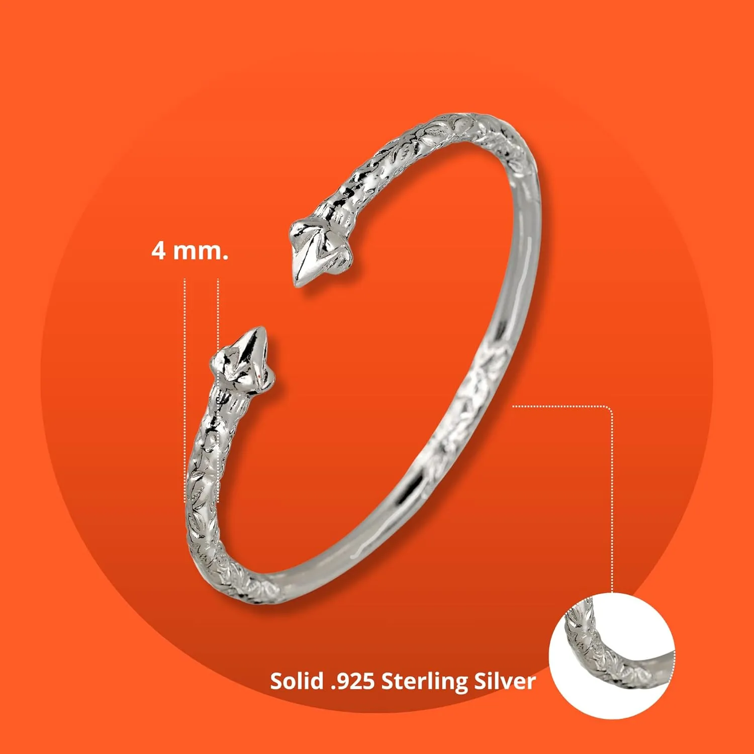 Pointy Ends .925 Sterling Silver West Indian Bangle Bracelet, 1 piece