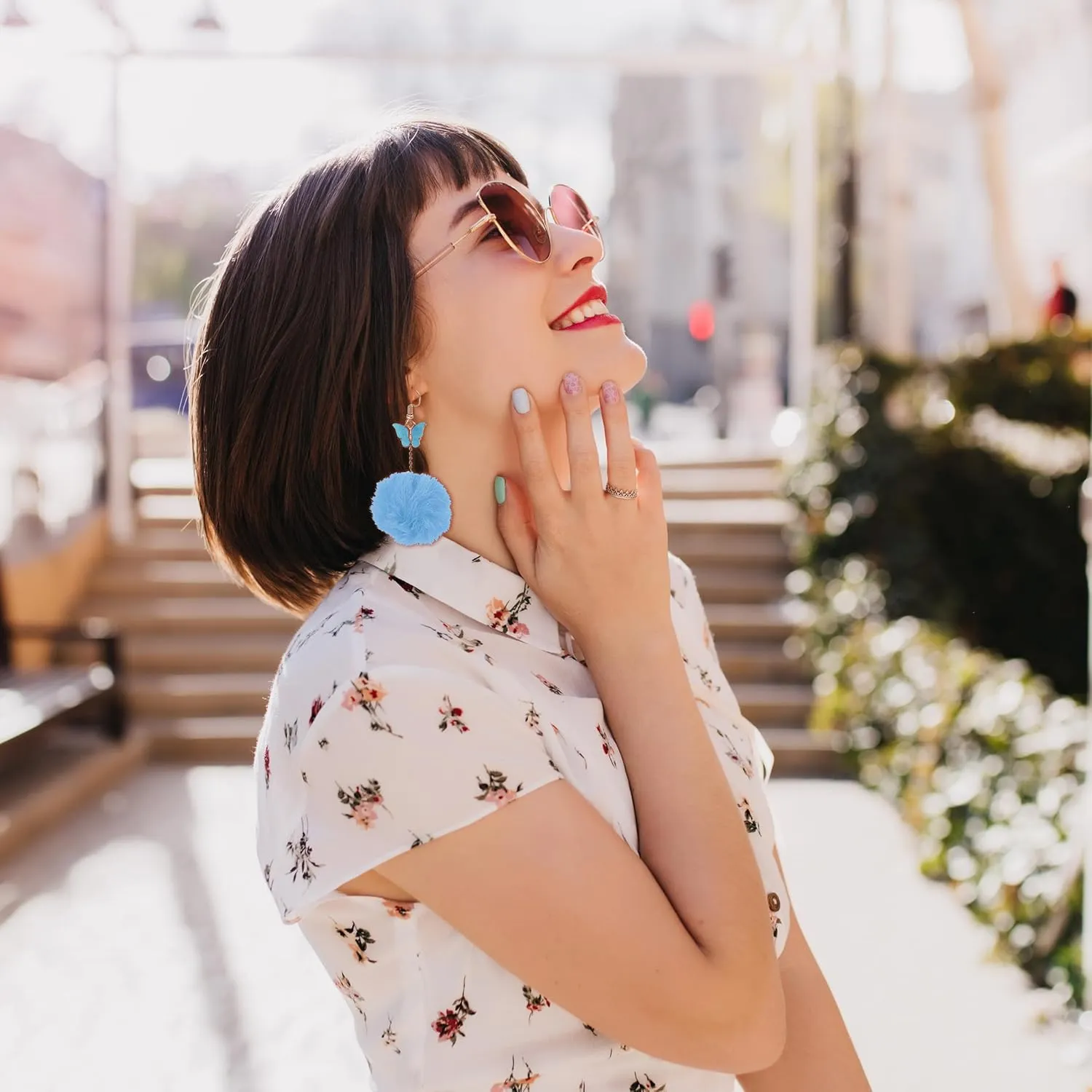 Pom Pom Earrings for Women Trendy Butterfly Puffy Dangle Earrings Faux Fur Ball Fluffy Earrings Rave Earrings Prom earrings Puffy Round Earrings Fun Fairy Earrings for women