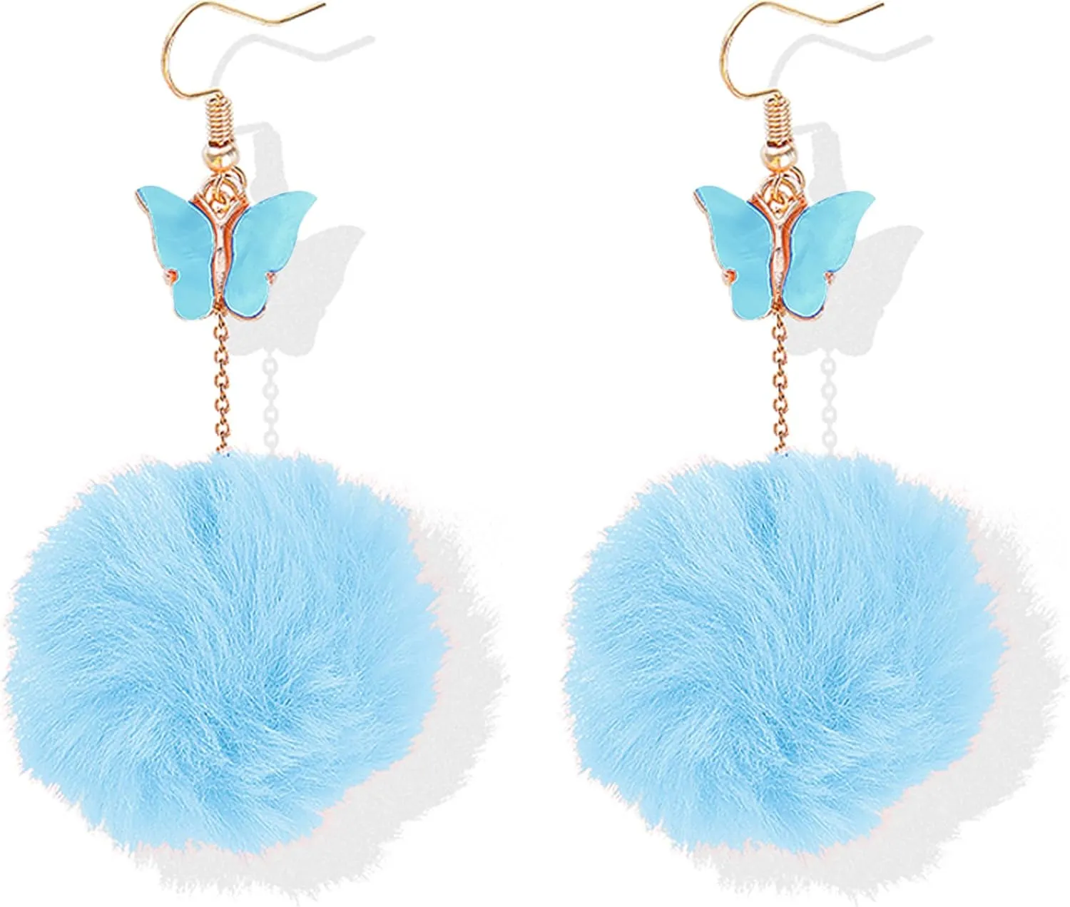 Pom Pom Earrings for Women Trendy Butterfly Puffy Dangle Earrings Faux Fur Ball Fluffy Earrings Rave Earrings Prom earrings Puffy Round Earrings Fun Fairy Earrings for women