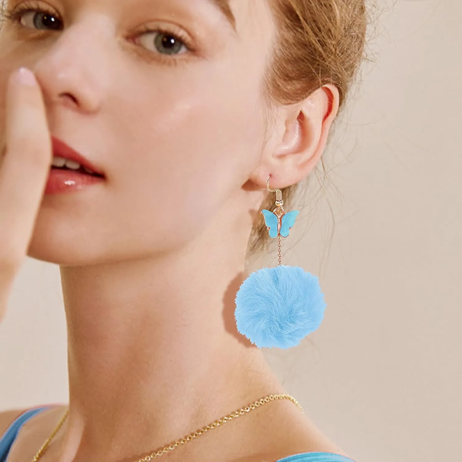 Pom Pom Earrings for Women Trendy Butterfly Puffy Dangle Earrings Faux Fur Ball Fluffy Earrings Rave Earrings Prom earrings Puffy Round Earrings Fun Fairy Earrings for women