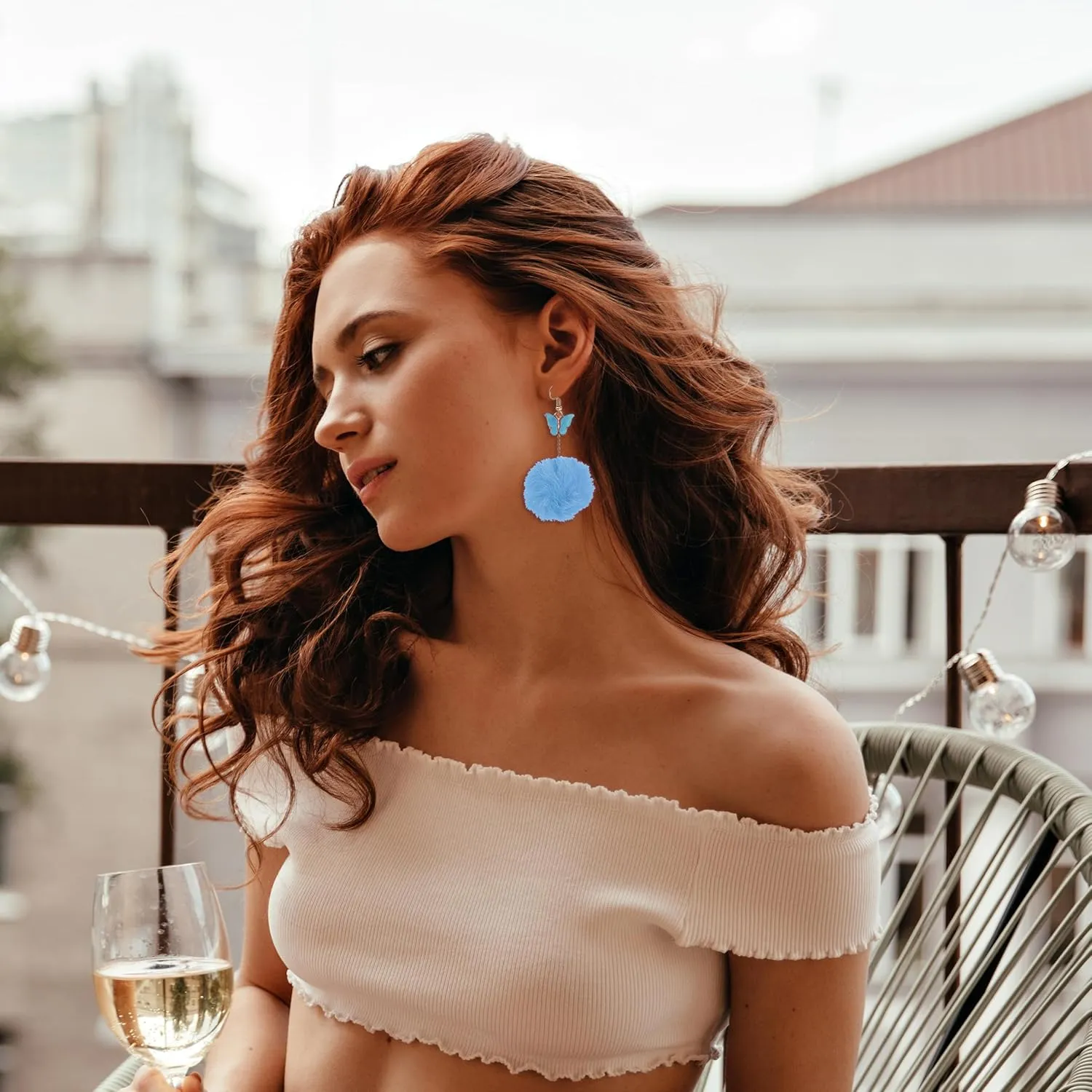 Pom Pom Earrings for Women Trendy Butterfly Puffy Dangle Earrings Faux Fur Ball Fluffy Earrings Rave Earrings Prom earrings Puffy Round Earrings Fun Fairy Earrings for women