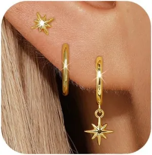 QUINBY Gold Earrings Dangle Set For Women,14k Dainty Earring Stacks Gold,Huggie Dangle Stacked Earrings Pack,Cartilage Earring Sets For Multiple Piercing,Gift For Women Mother'S Day Birthday