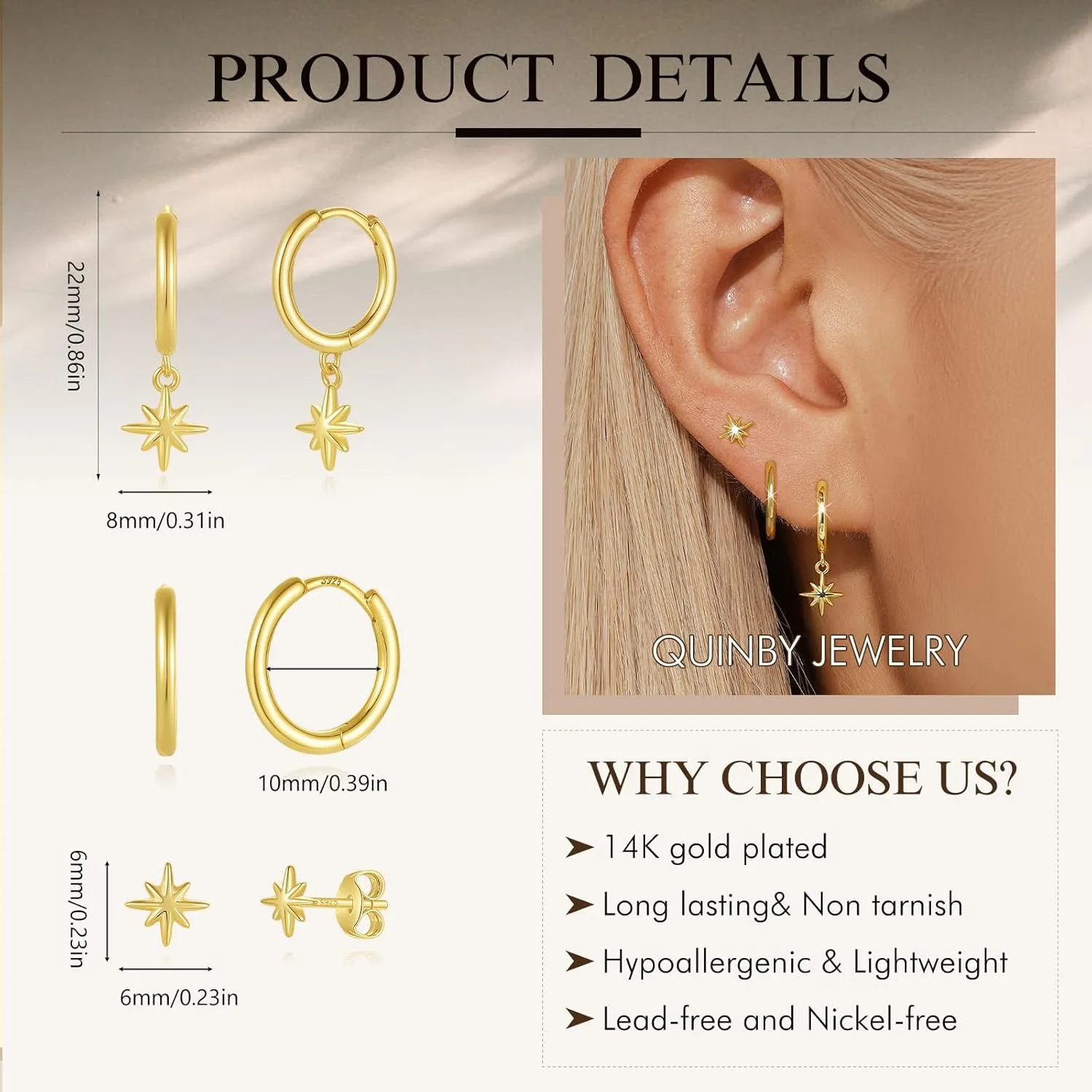 QUINBY Gold Earrings Dangle Set For Women,14k Dainty Earring Stacks Gold,Huggie Dangle Stacked Earrings Pack,Cartilage Earring Sets For Multiple Piercing,Gift For Women Mother'S Day Birthday