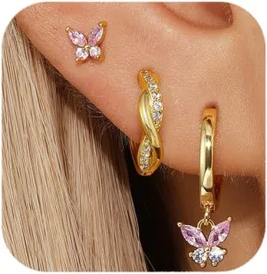 QUINBY Gold Earrings Dangle Set For Women,14k Dainty Earring Stacks Gold,Huggie Dangle Stacked Earrings Pack,Cartilage Earring Sets For Multiple Piercing,Gift For Women Mother'S Day Birthday