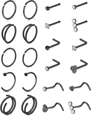QWALIT 18g & 20g Nose Rings & Hoops - L & C Shape Studs - Surgical Stainless Steel & Silver Nose Piercing Jewelry - Rose Gold & Black - For Women & Men