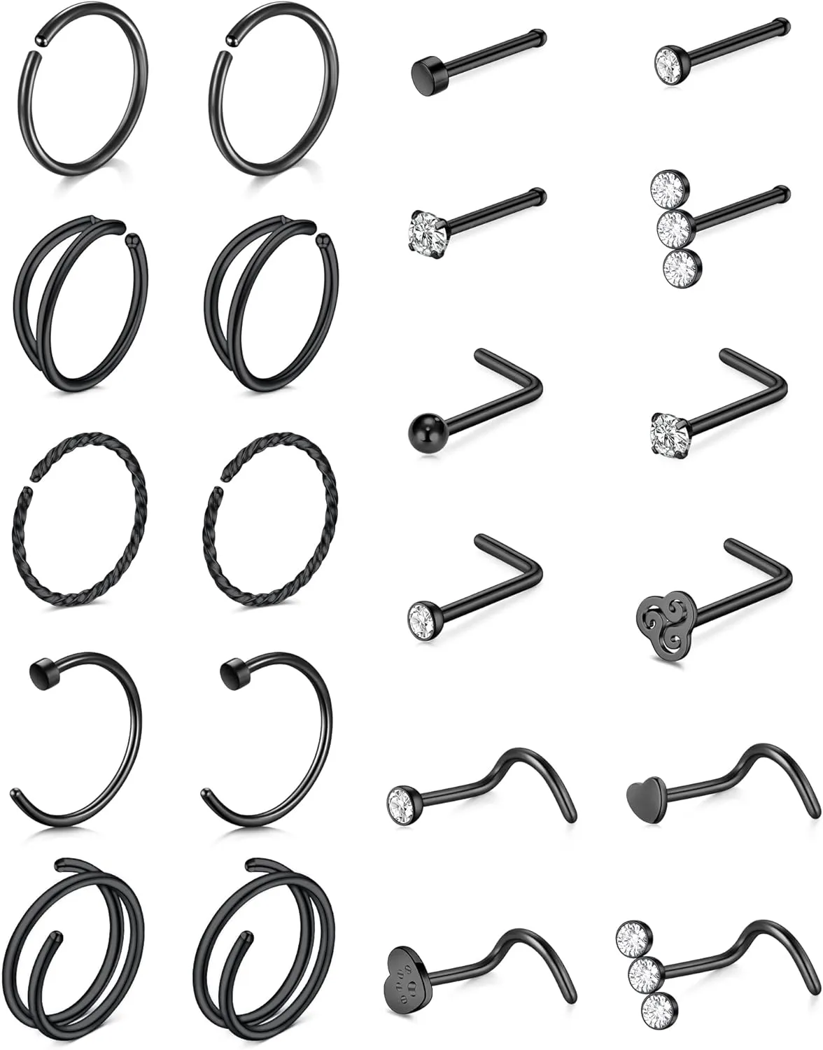 QWALIT 18g & 20g Nose Rings & Hoops - L & C Shape Studs - Surgical Stainless Steel & Silver Nose Piercing Jewelry - Rose Gold & Black - For Women & Men