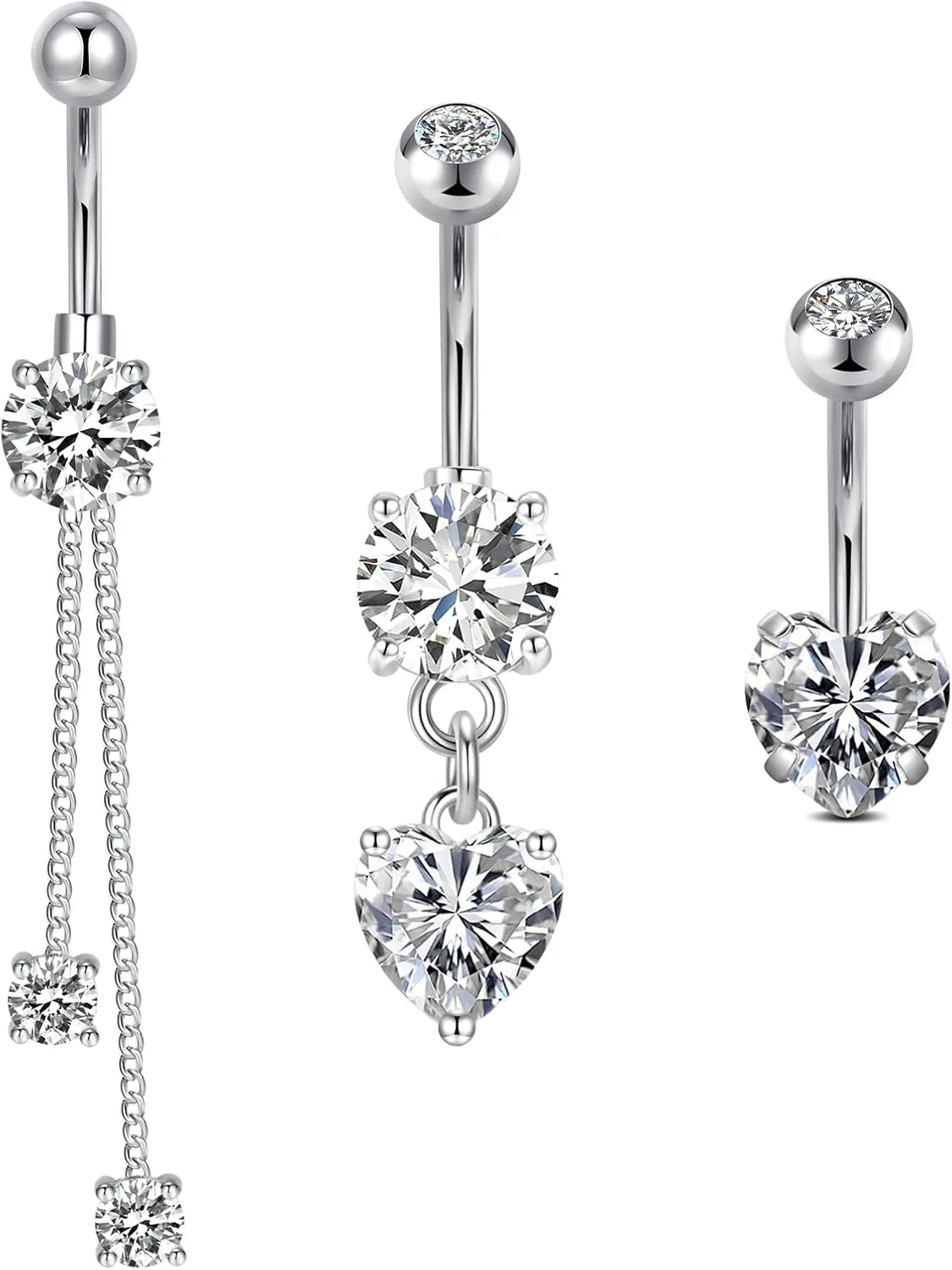 QWALIT Belly Button Rings 14G Surgical Steel Belly Rings CZ Opal Navel Piercing Jewelry for Women Girls 3/8" 10mm Silver Rose Gold