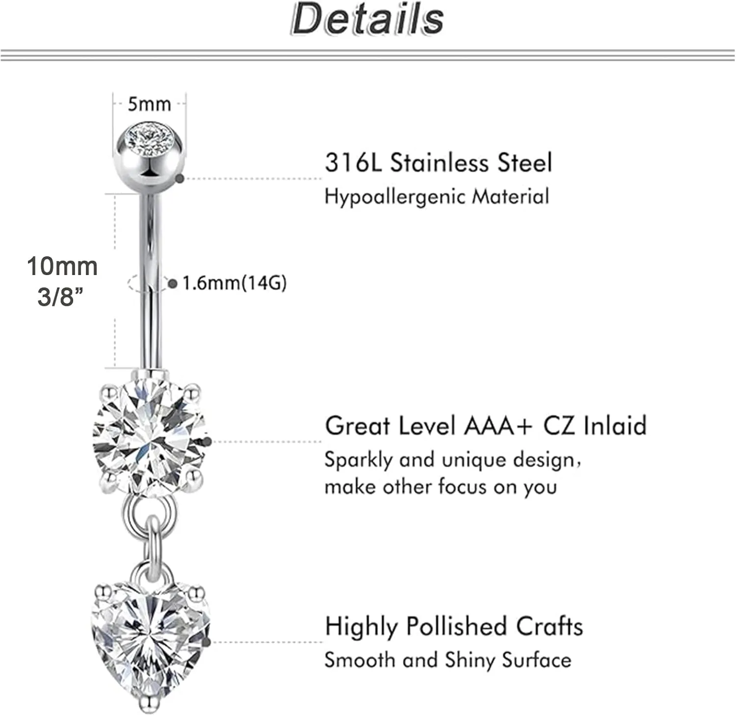 QWALIT Belly Button Rings 14G Surgical Steel Belly Rings CZ Opal Navel Piercing Jewelry for Women Girls 3/8" 10mm Silver Rose Gold
