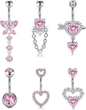 QWALIT Belly Button Rings 14G Surgical Steel Belly Rings CZ Opal Navel Piercing Jewelry for Women Girls 3/8" 10mm Silver Rose Gold