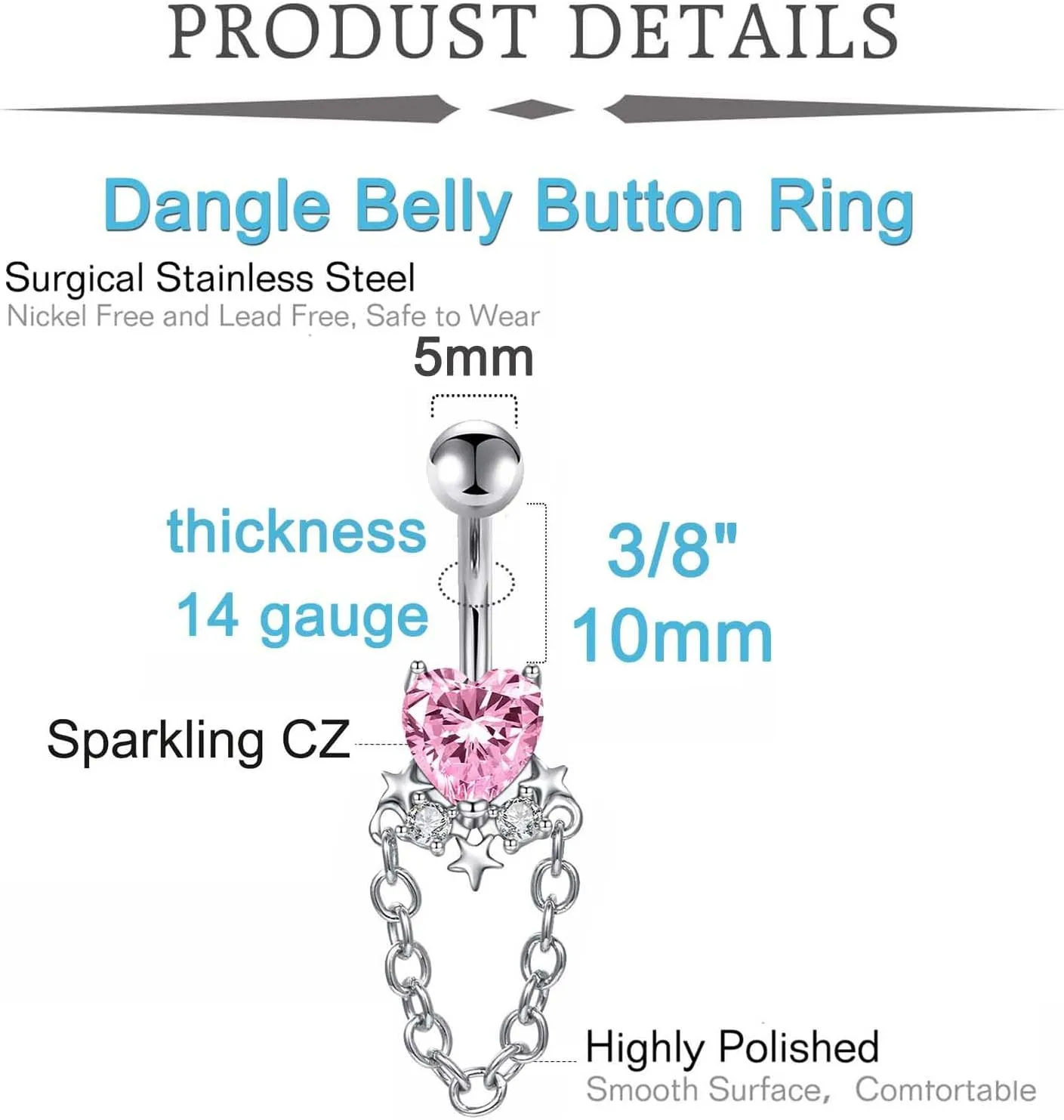 QWALIT Belly Button Rings 14G Surgical Steel Belly Rings CZ Opal Navel Piercing Jewelry for Women Girls 3/8" 10mm Silver Rose Gold