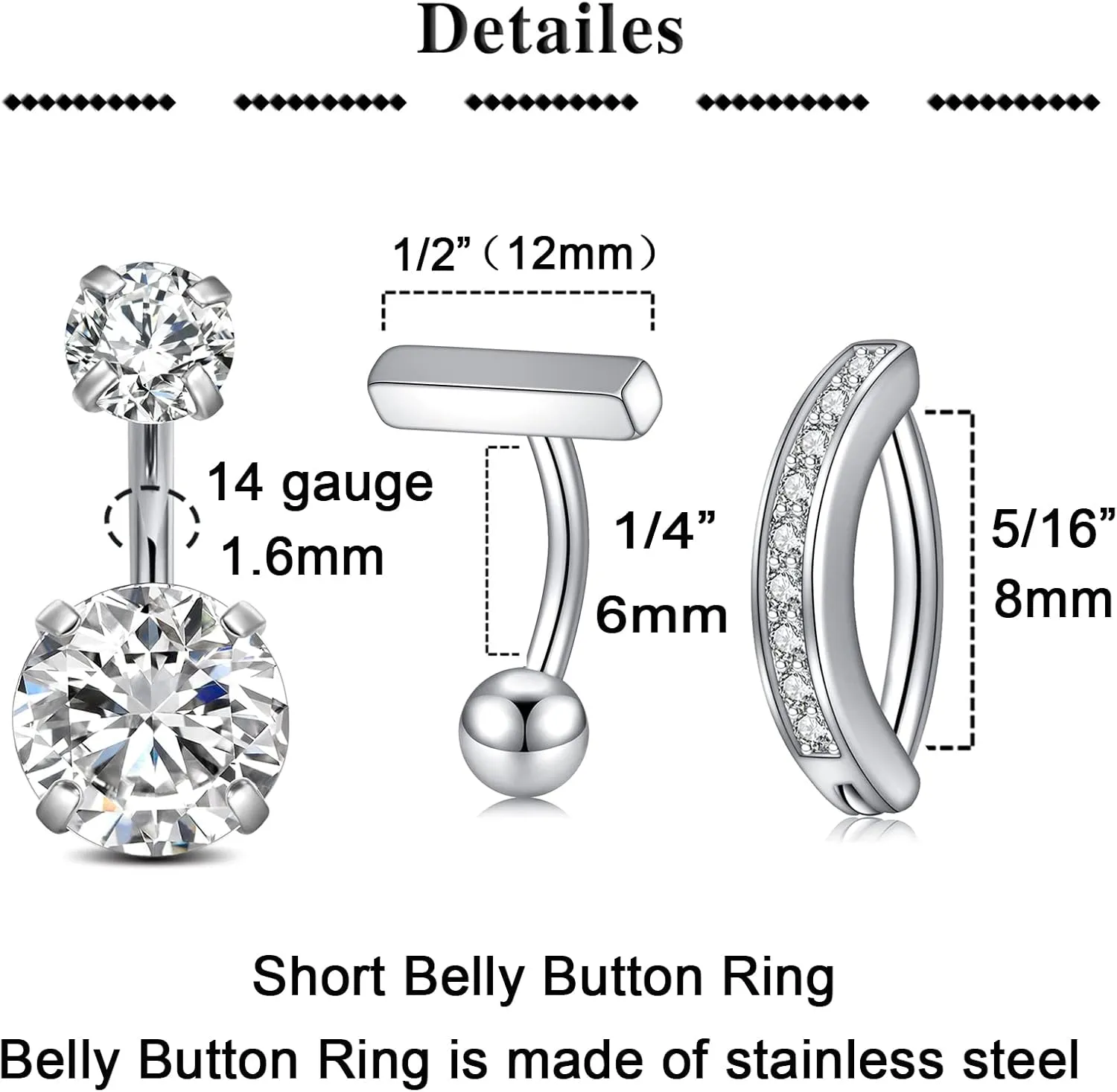 QWALIT Belly Rings - Short Bar Belly Button Rings in Surgical Steel with Opal Stones - 6mm & 10mm