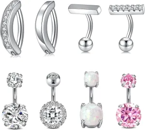QWALIT Belly Rings - Short Bar Belly Button Rings in Surgical Steel with Opal Stones - 6mm & 10mm
