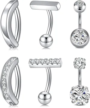 QWALIT Belly Rings - Short Bar Belly Button Rings in Surgical Steel with Opal Stones - 6mm & 10mm