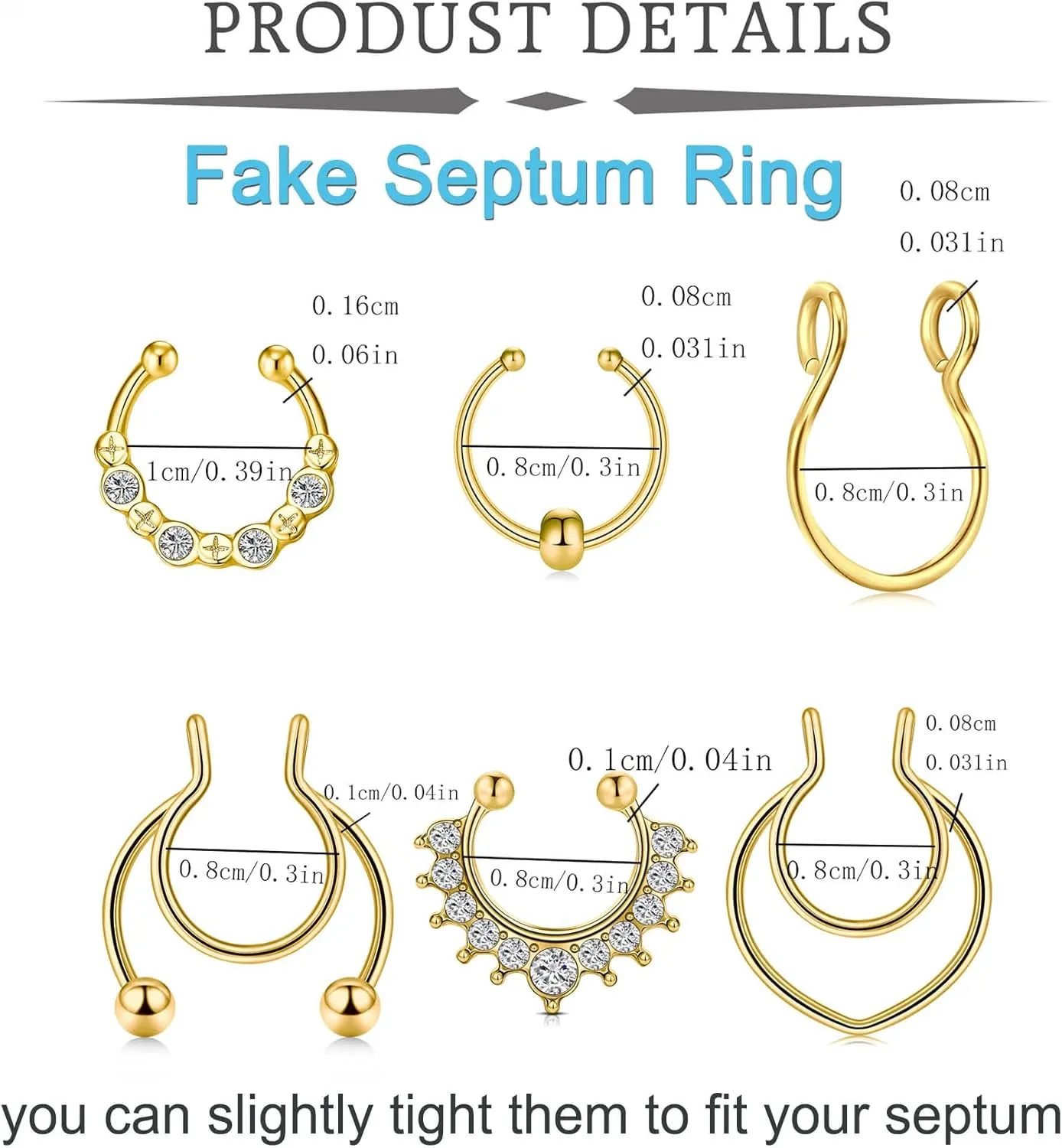 QWALIT Fake Septum Ring Fake Septum Piercing Faux Septum Nose Rings Fake Nose Ring Septum Fake Septum Nose Ring Clip On Septum Nose Ring Faux Septum Piercing Fake Septum Hoop Fake Septum Jewelry