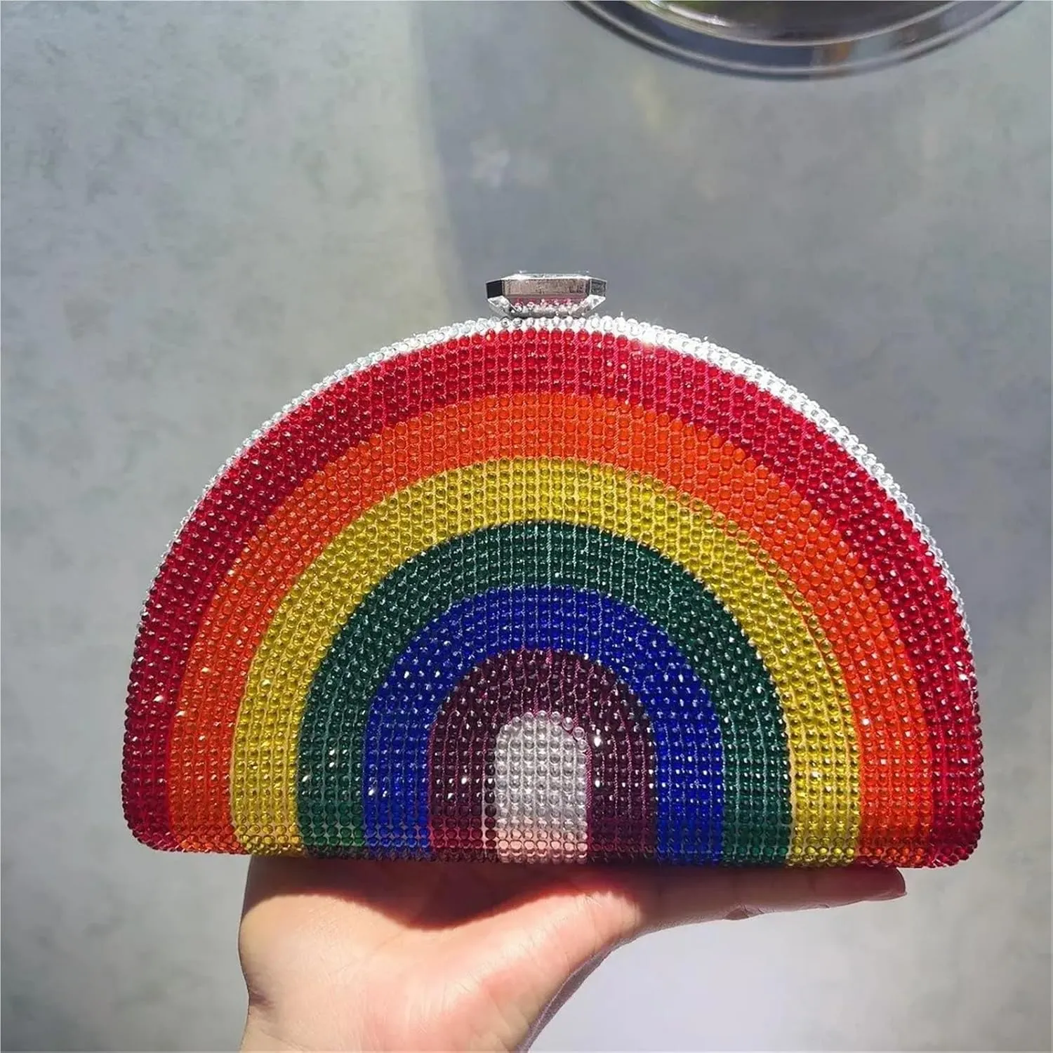 Rainbow Color Crystal Evening Clutch Bags Wedding Party Chain Bag Women Half Moon For Party Prom Cocktail Wedding
