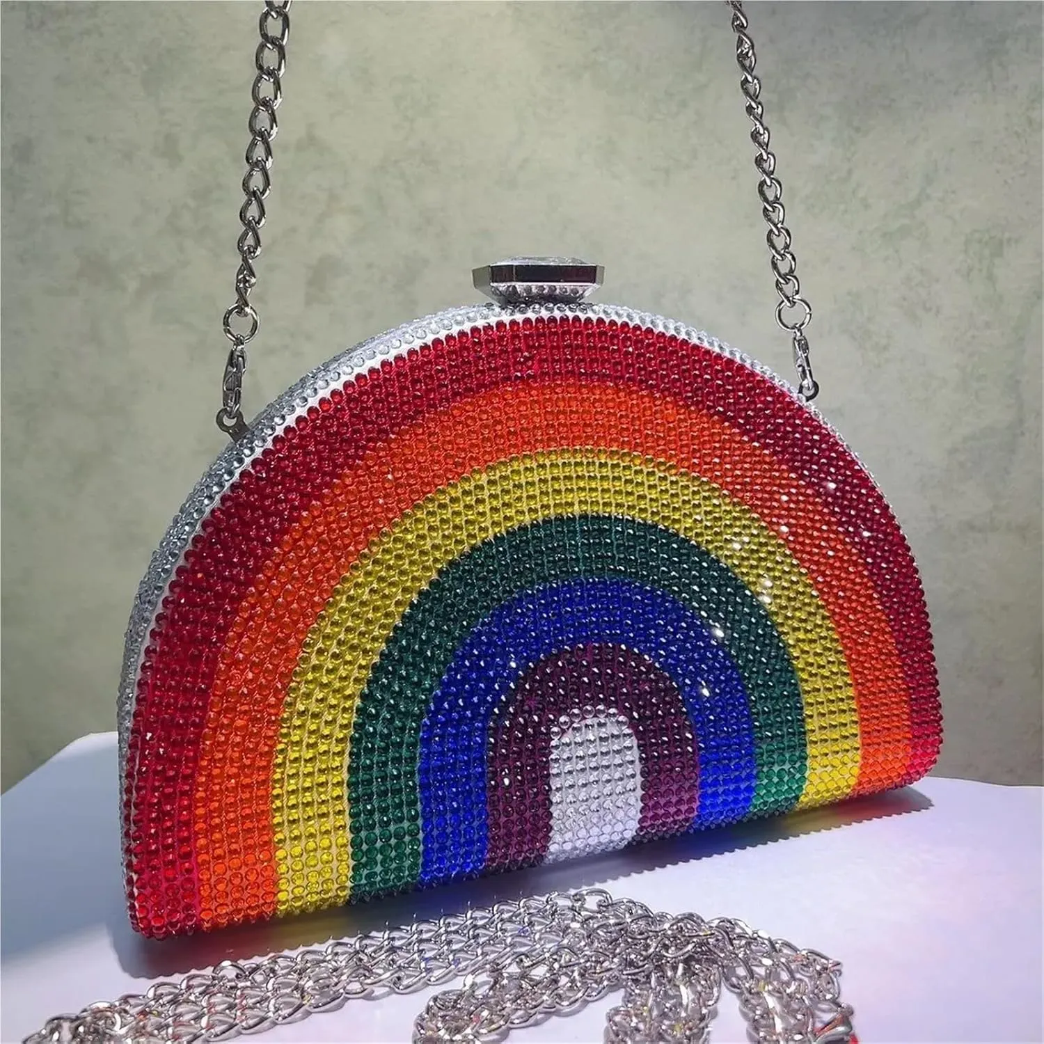 Rainbow Color Crystal Evening Clutch Bags Wedding Party Chain Bag Women Half Moon For Party Prom Cocktail Wedding