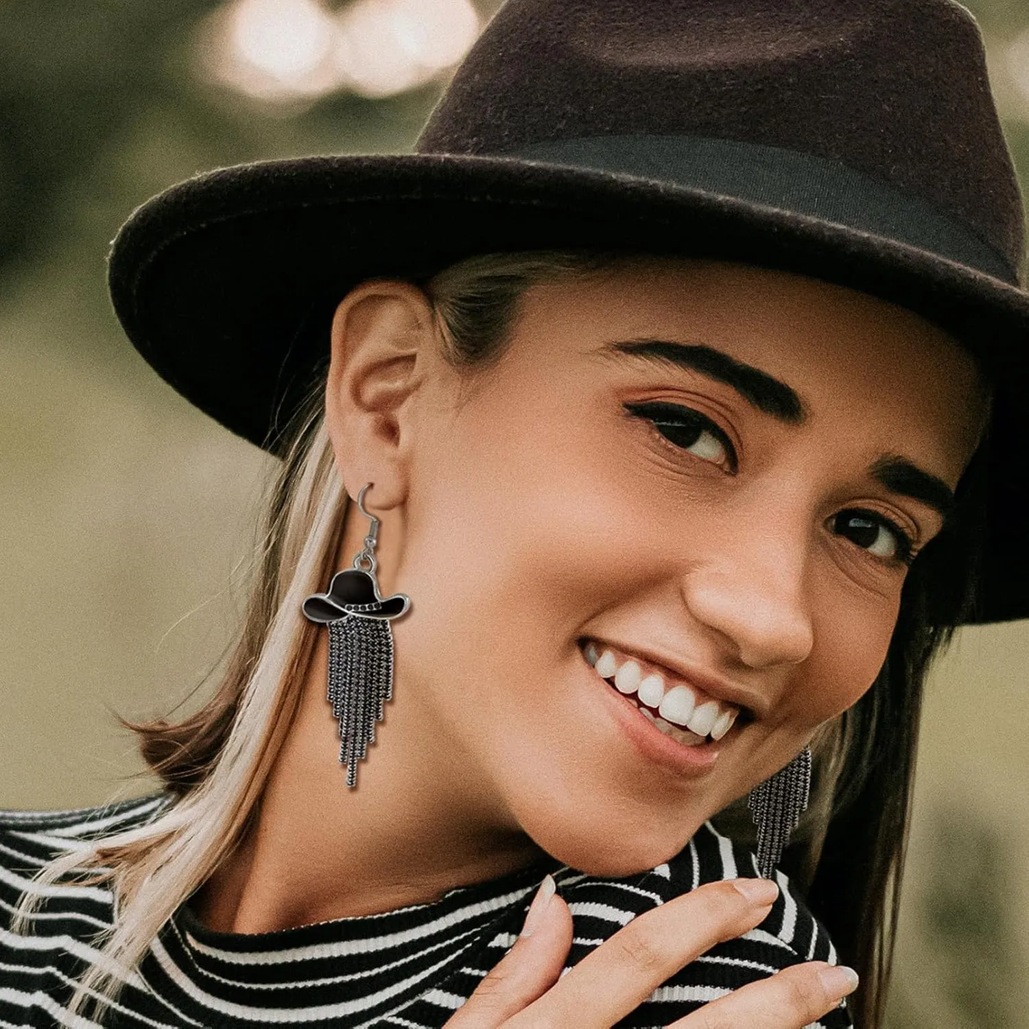 RechicGu Western Cowgirl Enamel Hat Sparkly Rhinestone Tassel Dangle Earrings Prom Country Concerts Rodeo Cowboy Outfits Jewelry Gift for Women