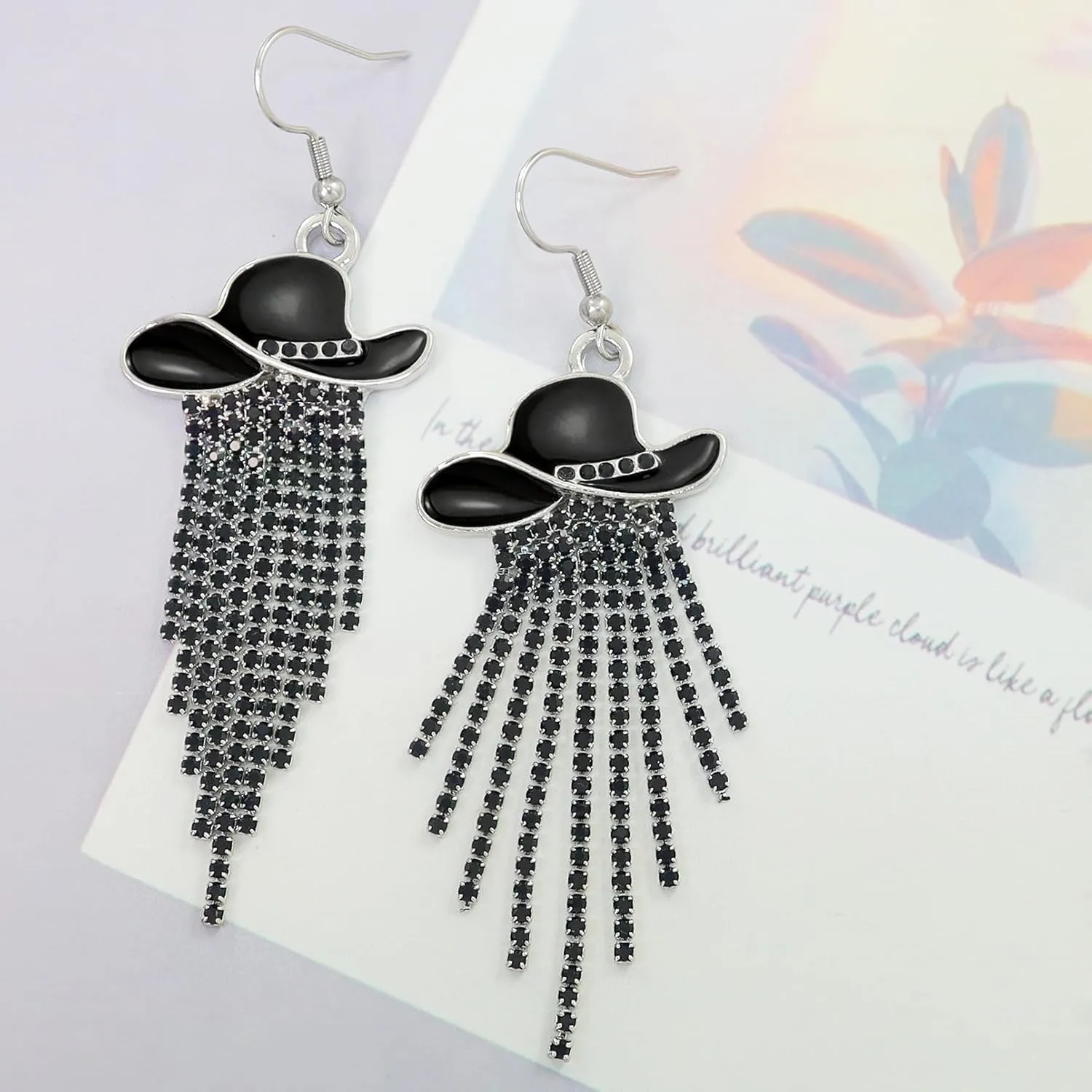 RechicGu Western Cowgirl Enamel Hat Sparkly Rhinestone Tassel Dangle Earrings Prom Country Concerts Rodeo Cowboy Outfits Jewelry Gift for Women
