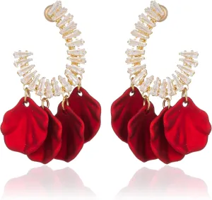 Red Rose Flower Earrings for Women Boho White Red Floral Petal Earrings Pearl Rhinestone Wedding Drop Dangle Earring for Bridesmaids Gifts