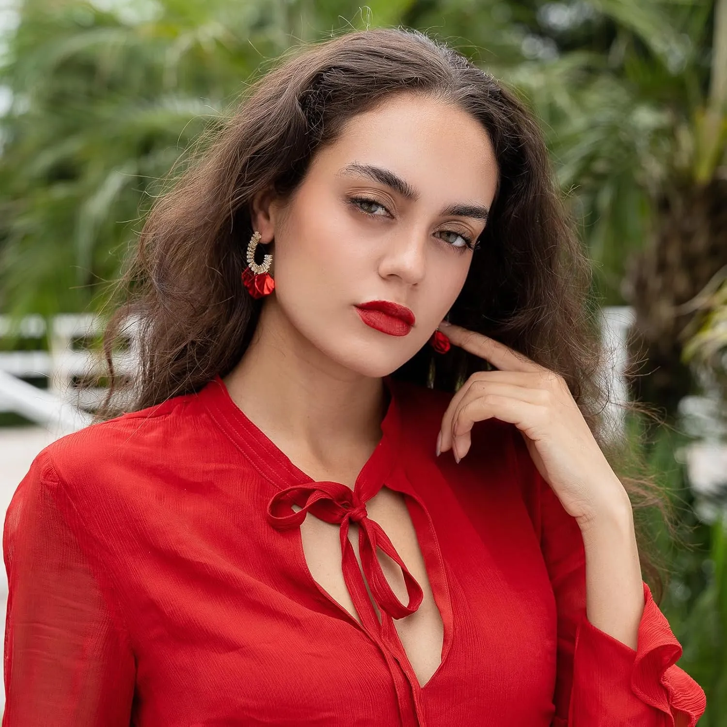 Red Rose Flower Earrings for Women Boho White Red Floral Petal Earrings Pearl Rhinestone Wedding Drop Dangle Earring for Bridesmaids Gifts