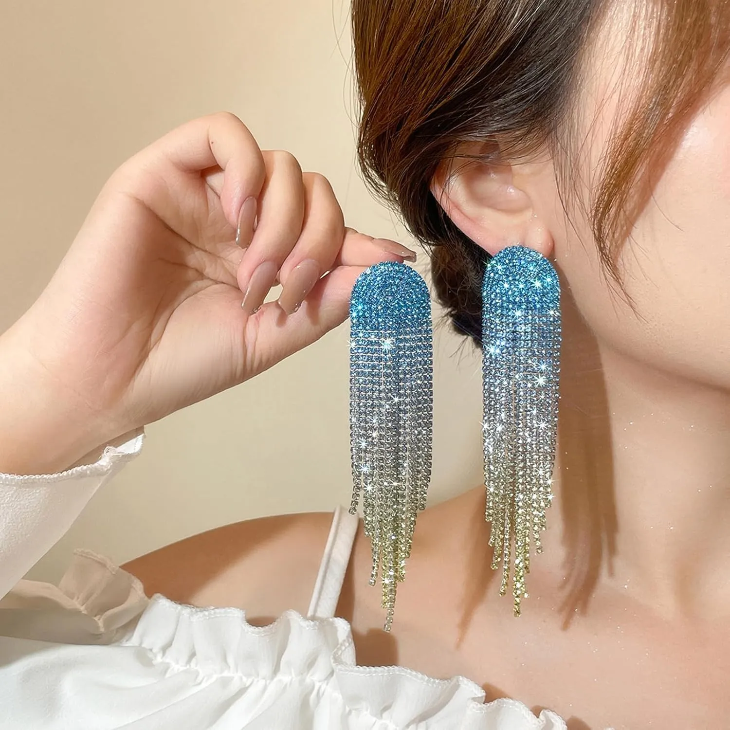 Rhinestone Drop Earrings for Women Sparkly Long Tassel Earrings Dangling Crystal Statement Prom Earrings Wedding Party Dress Outfit Jewerly Gifts