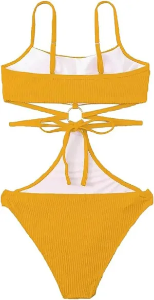 Ring Linked Cut-Out One Piece Swimsuit Scoop Neck Criss Cross Tie Back Bathing Suit Adjustable Strap Sexy Beachwear