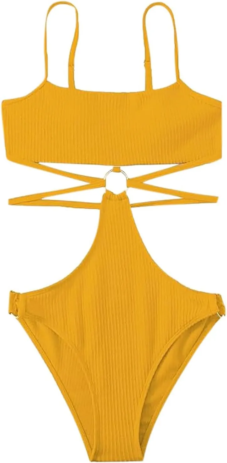 Ring Linked Cut-Out One Piece Swimsuit Scoop Neck Criss Cross Tie Back Bathing Suit Adjustable Strap Sexy Beachwear
