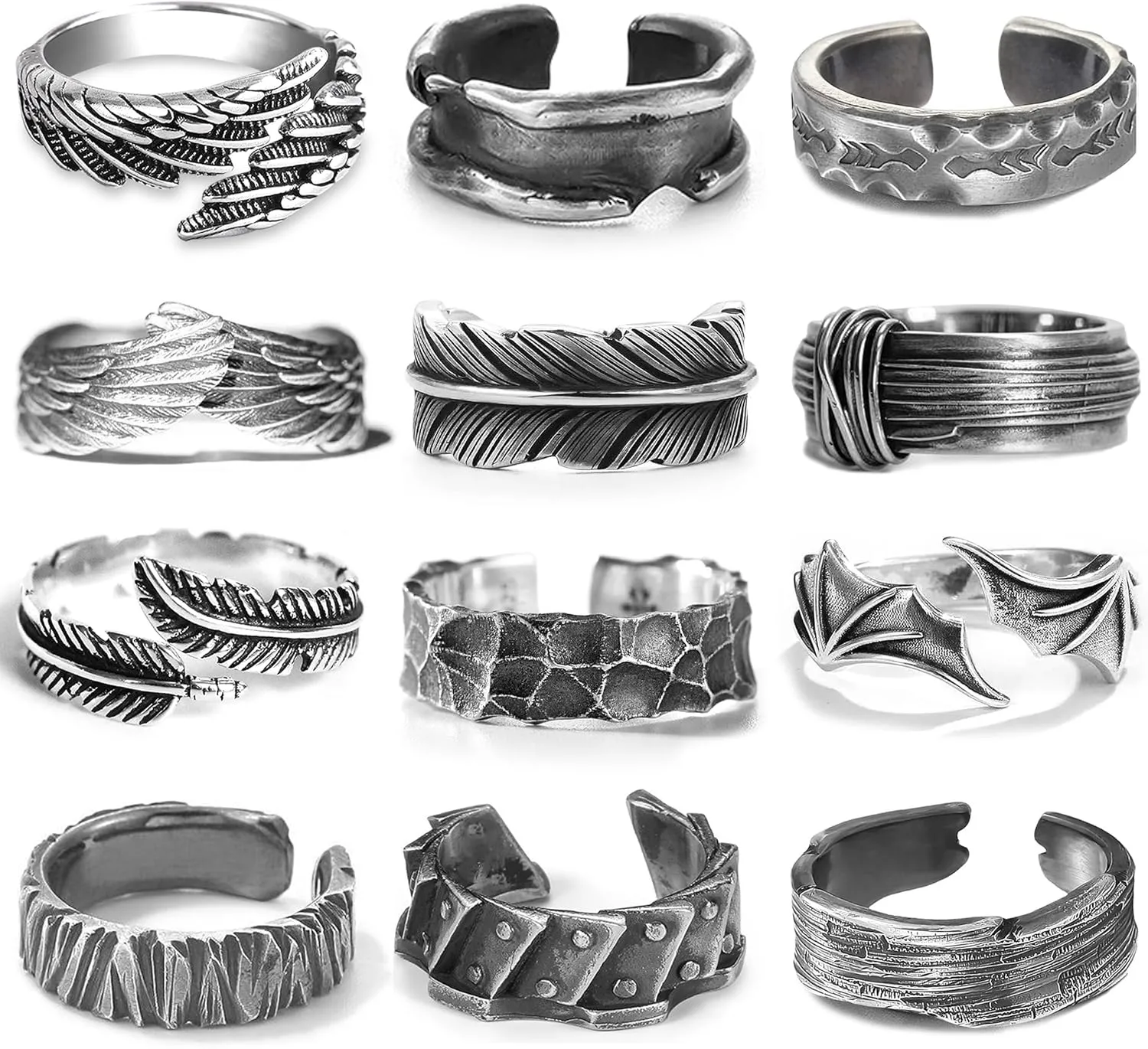 RIOSO 12Pcs Vintage Rings for Men Cool Adjustable Angel Wings Ring Goth Punk Open Ring Set