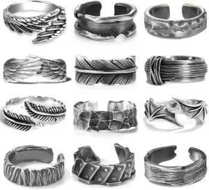 RIOSO 12Pcs Vintage Rings for Men Cool Adjustable Angel Wings Ring Goth Punk Open Ring Set