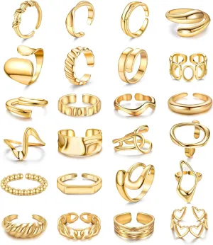 RIOSO 24PCS Gold Chunky Rings for Women Gold Plated Thick Adjustable Statement Ring Set