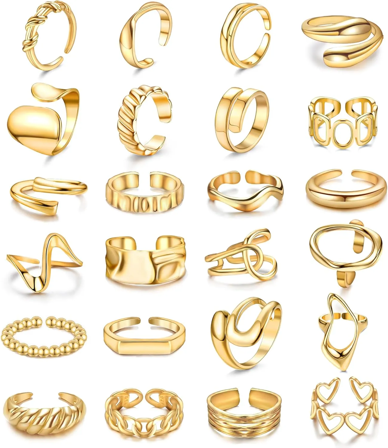 RIOSO 24PCS Gold Chunky Rings for Women Gold Plated Thick Adjustable Statement Ring Set