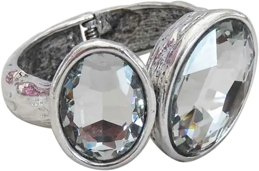 Rosemarie & Jubalee Women's Extra Large Oval Crystal Textured Metal Hinged Cuff Statement Burnished Silver Tone Bangle Bracelet, 7.25"