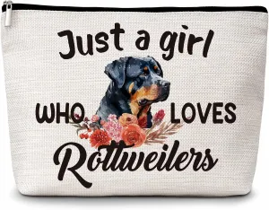 Rottweilers Gifts Makeup Bag, Just A Girl Who Loves Rottweilers Cosmetic Bags, Dog Makeup Zipper Pouch Bag, Dog Lover Inspired Gift, Birthday Gift For Women Girls, 18