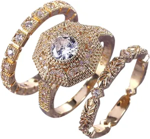 Round Simulation Diamond Rose Gold Handmade Engagement Propose Ring Solitaire Wedding/Bridal Ring Set for Women
