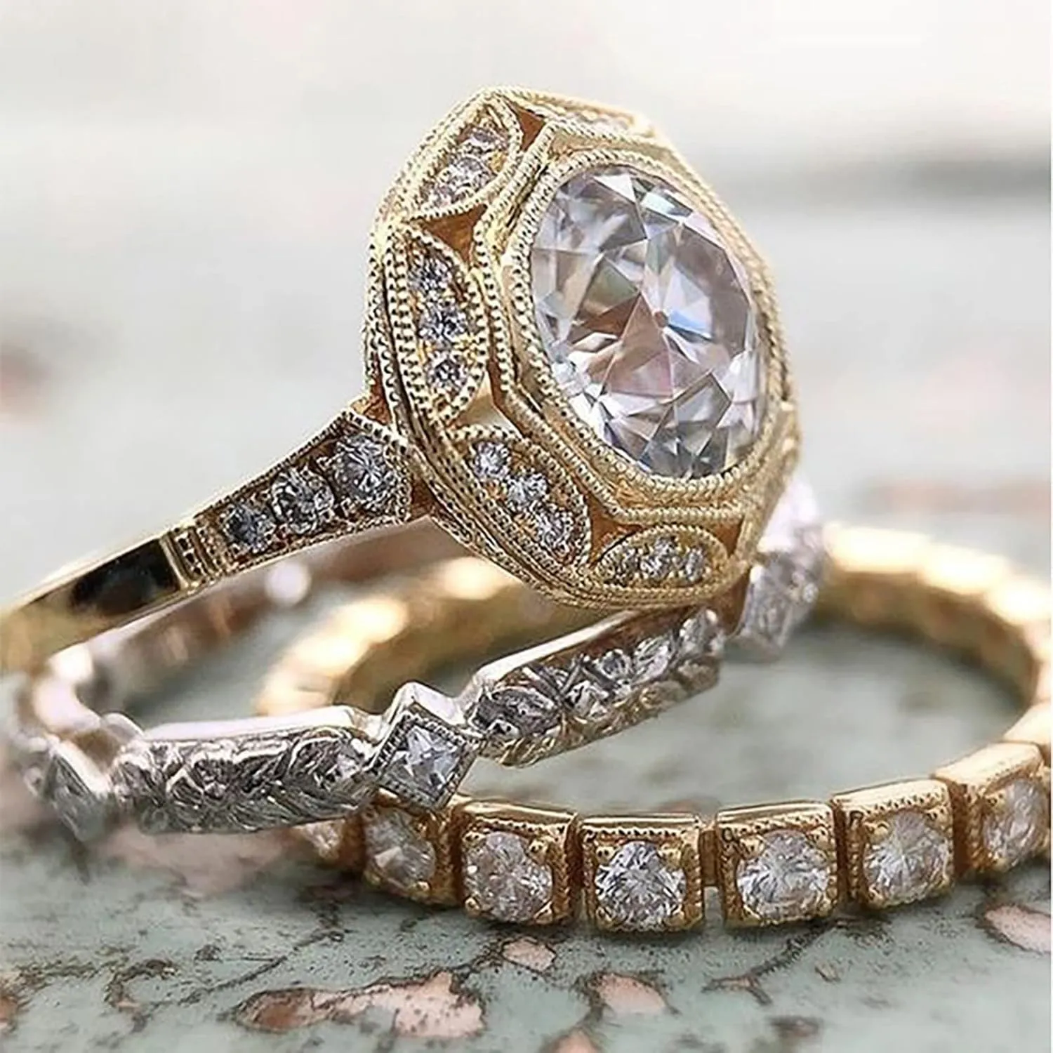 Round Simulation Diamond Rose Gold Handmade Engagement Propose Ring Solitaire Wedding/Bridal Ring Set for Women