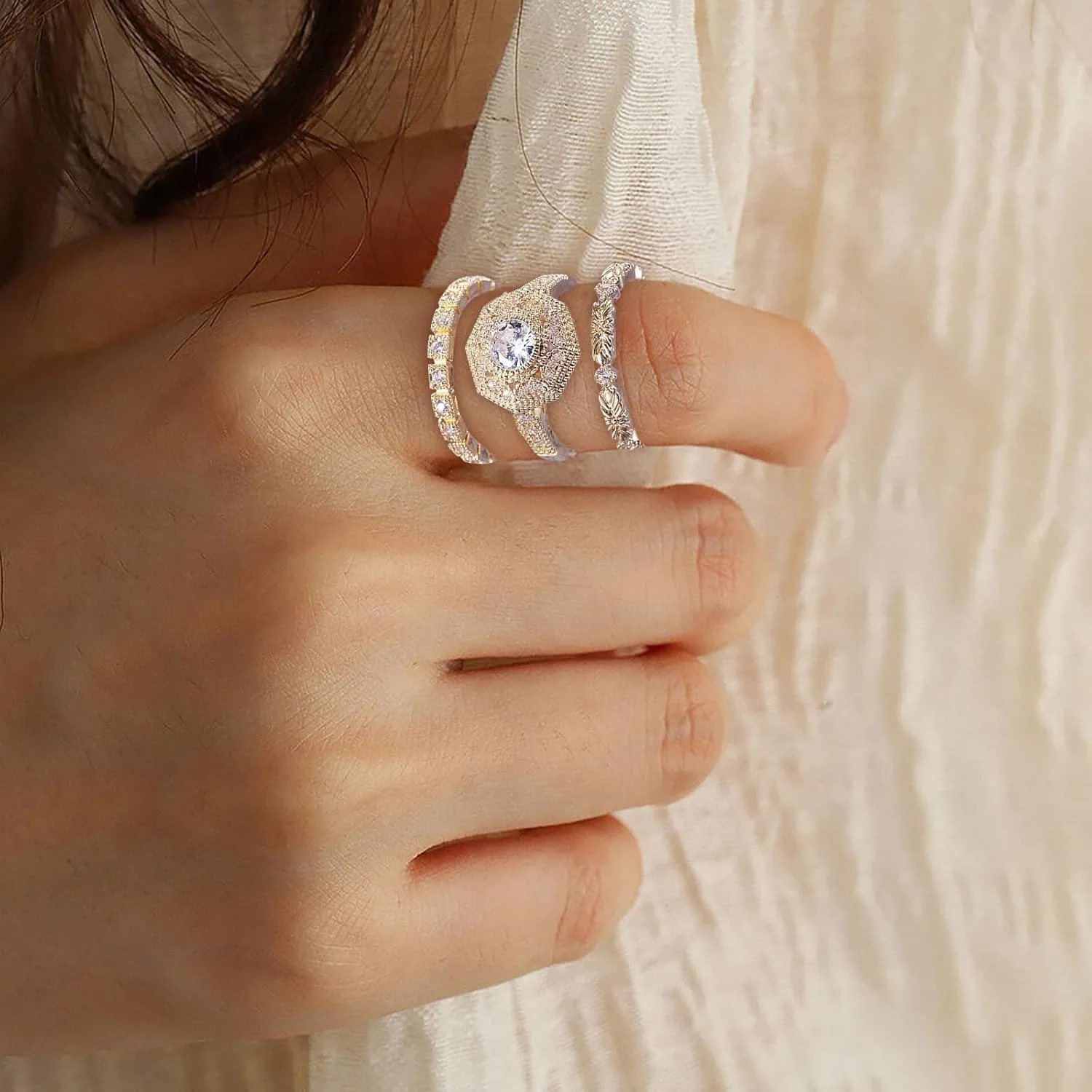 Round Simulation Diamond Rose Gold Handmade Engagement Propose Ring Solitaire Wedding/Bridal Ring Set for Women