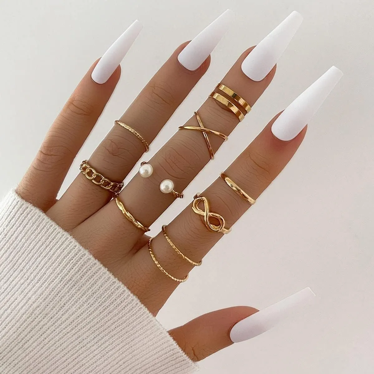 Rrdaily 9 Pieces Trendy Wireless Hollow Stacking Rings Set for Women,Cute Pearl Classic Stackable Knuckle Rings Thin Dainty Silver Rings Jewelry