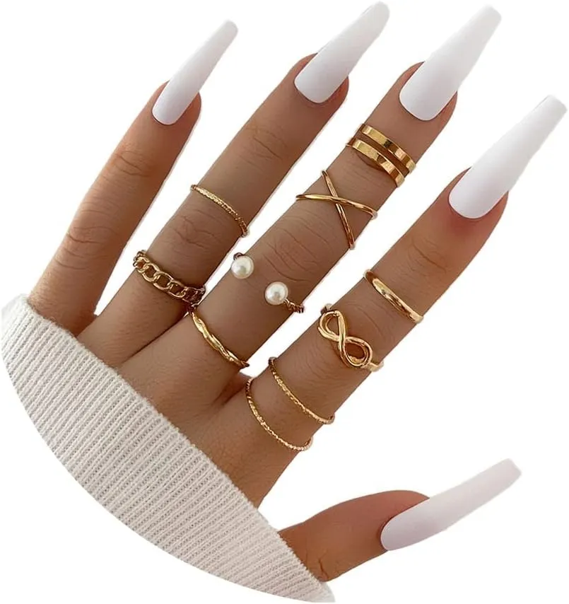 Rrdaily 9 Pieces Trendy Wireless Hollow Stacking Rings Set for Women,Cute Pearl Classic Stackable Knuckle Rings Thin Dainty Silver Rings Jewelry