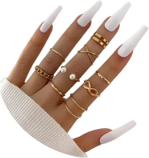 Rrdaily 9 Pieces Trendy Wireless Hollow Stacking Rings Set for Women,Cute Pearl Classic Stackable Knuckle Rings Thin Dainty Silver Rings Jewelry