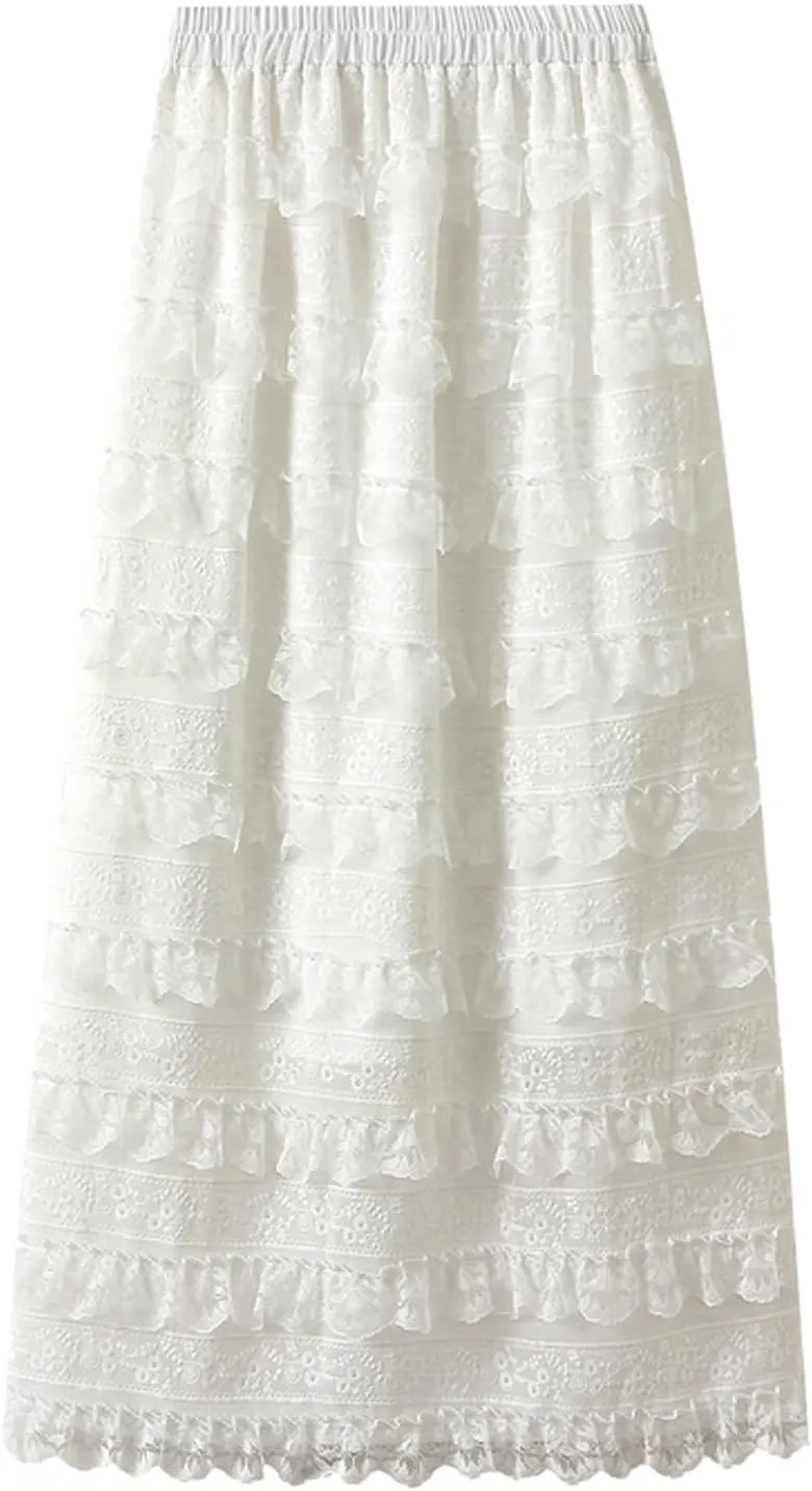 Rvidbe Lace Maxi Skirts for Women Summer Casual Elastic Waist A-Line Pleated Layered Long Skirt Flowy Tiered Tulle Skirts