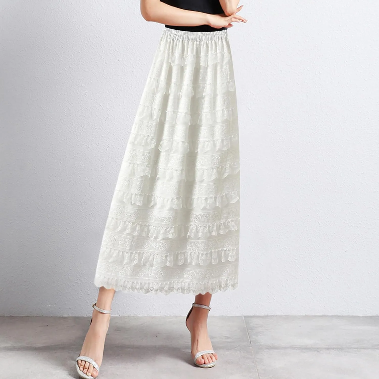 Rvidbe Lace Maxi Skirts for Women Summer Casual Elastic Waist A-Line Pleated Layered Long Skirt Flowy Tiered Tulle Skirts