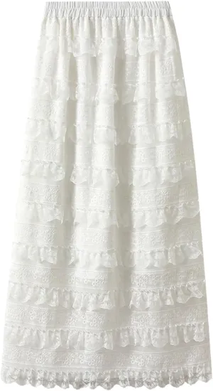 Rvidbe Lace Maxi Skirts for Women Summer Casual Elastic Waist A-Line Pleated Layered Long Skirt Flowy Tiered Tulle Skirts