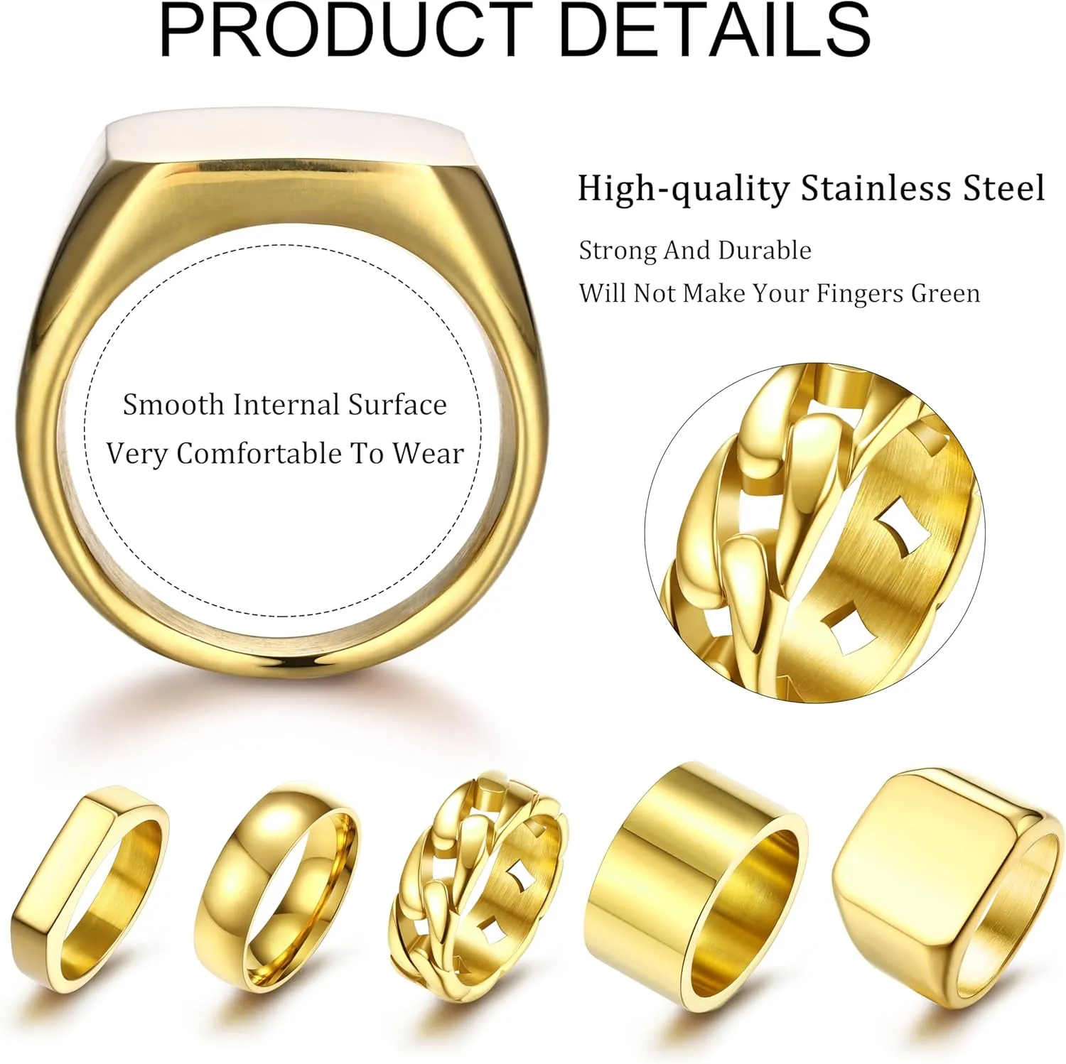 Sanfenly 5 PCS 14K Gold Rings for Men Mens Gold Ring Mens Stainless Steel Rings Square Signet Rings Pinky Thumb Ring Chunky Thick Band Cuban Link Chain Ring Cool Finger Ring Wedding Band Ring for MenSize 7-15